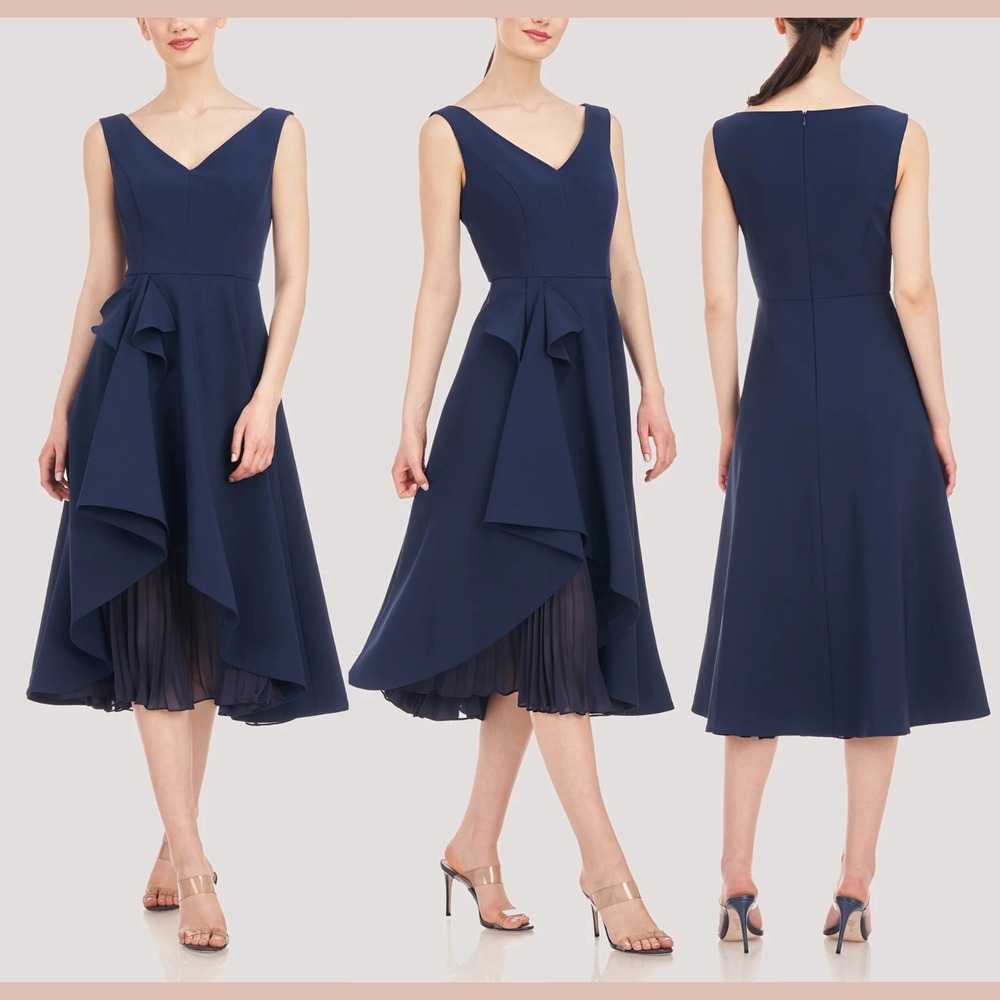 NEW $298 Kay Unger [ 4 ] Begonia‎ V Neck Midi Dress in Dark Midnight Blue #Q1272